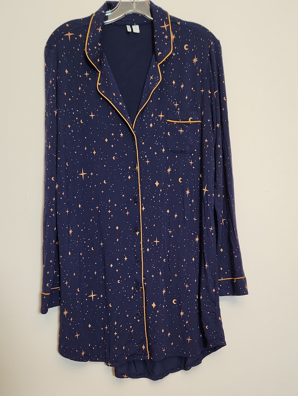 Nordstrom Women’s Navy Star Print Tencel  Nightshirt with Orange/yellow Trim L